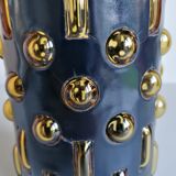 Amber blown glass and midnight blue metal hanging lamp 1960