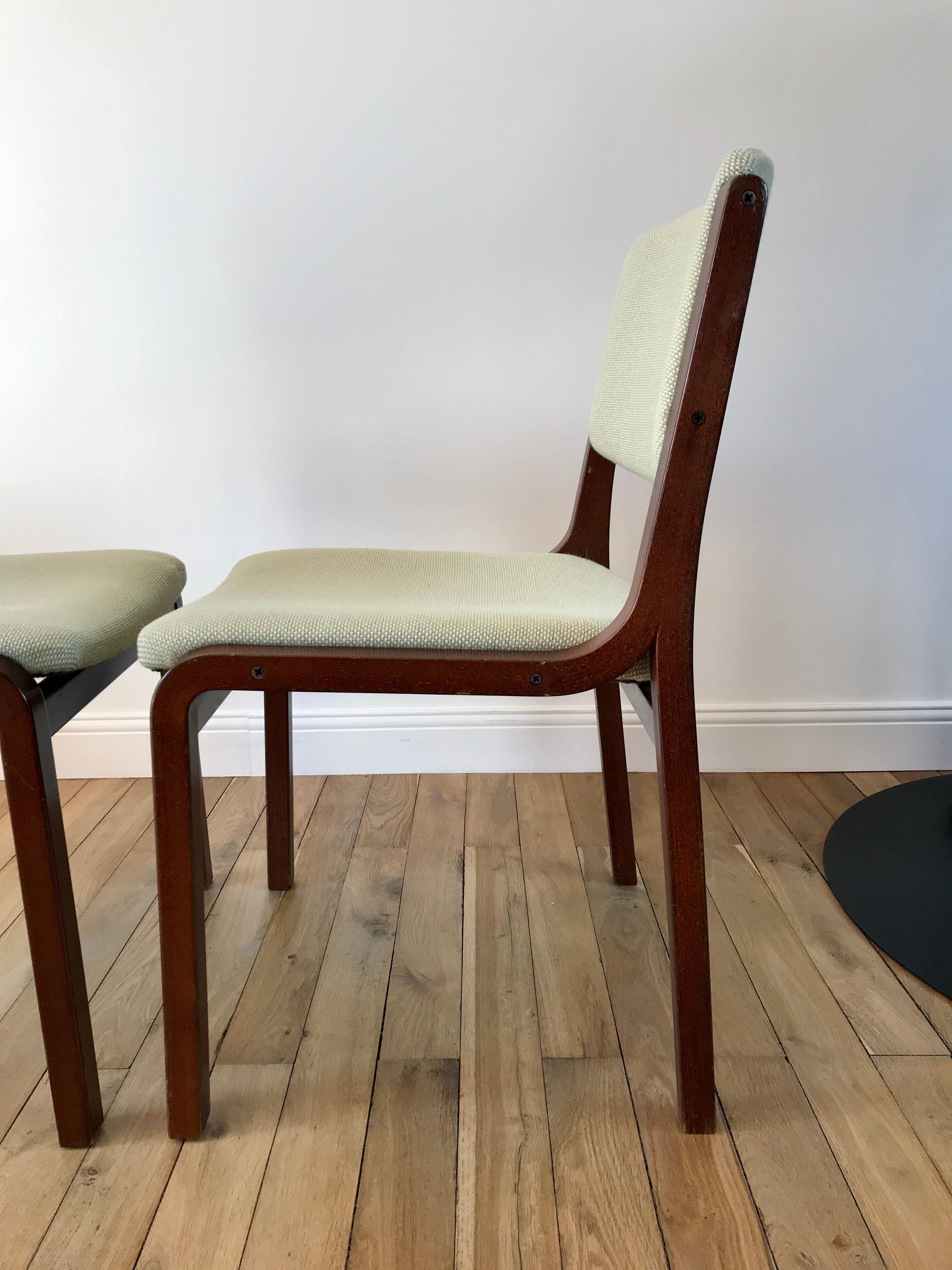 Pair of wooden armchairs and green and ecru fabrics 70s
