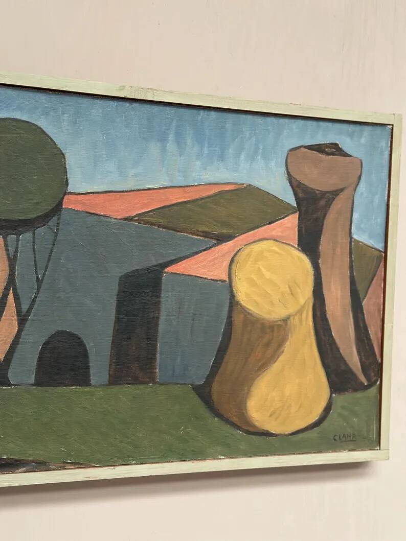 Large Original Swedish Oil on Canvas – "Spansk By" by Emil Clahr (1905–1983) – Signed – 1961 – Vintage & Framed