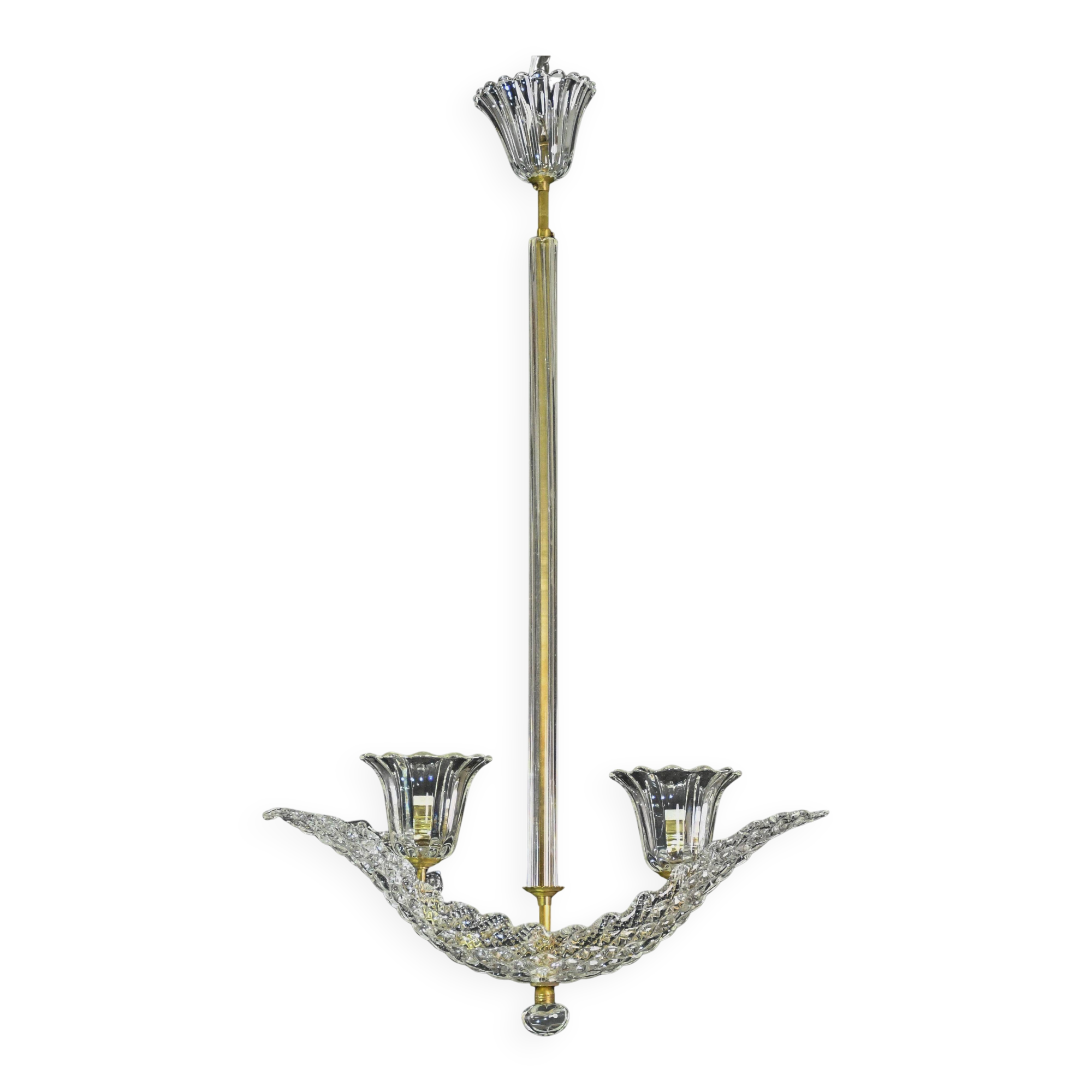 Elegant 2 cup Barovier Art Deco chandelier, Murano glass, brass structure 1940s