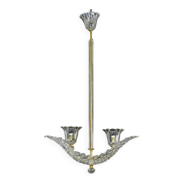 Élégant lustre Art Déco Barovier à 2 coupelles, verre de Murano, structure en laiton, années 1940