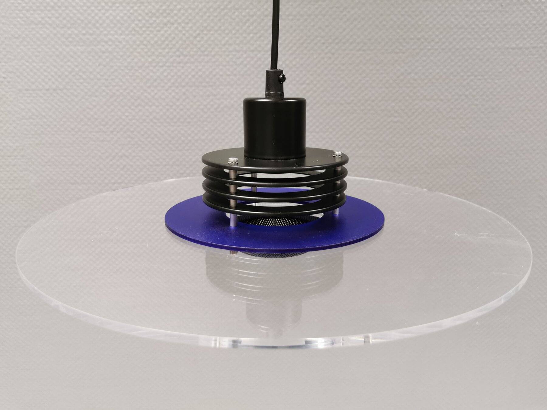 Danish space-age hanging lamp in transparent and blue plexi with black metal 1980s