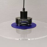 Lampe à suspension danoise de style spatial en plexi transparent et bleu avec métal noir des années 1980