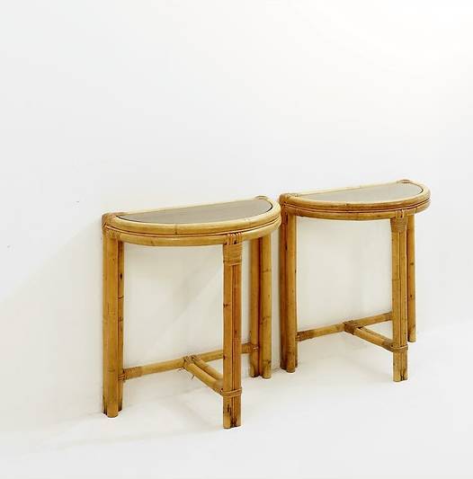 Pair of mid-century Italian half-moon bamboo and smoked glass console tables