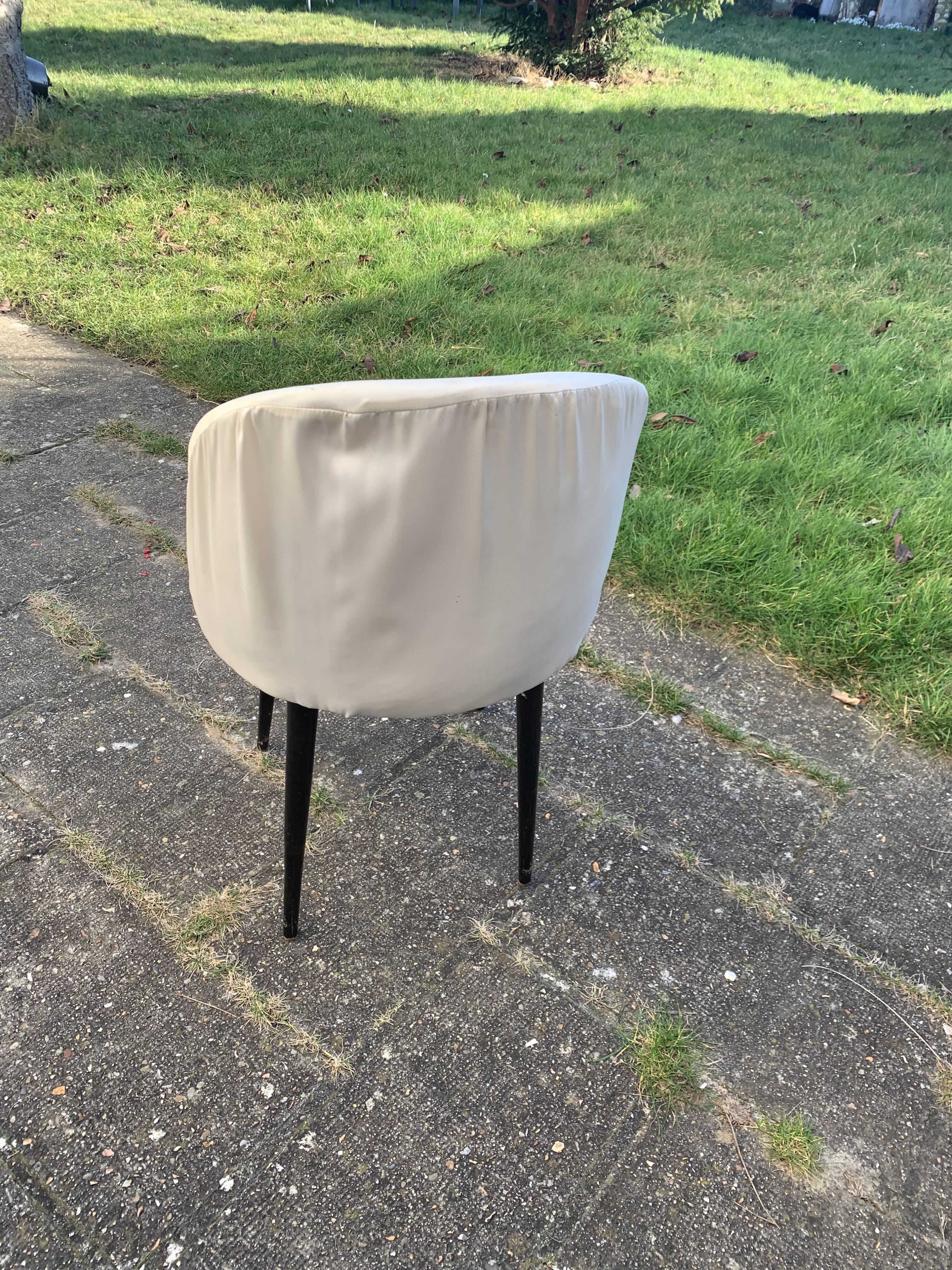 Vintage 1950s white satin armchair with compass legs