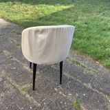 Vintage 1950s white satin armchair with compass legs