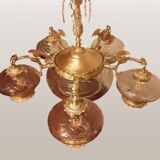 Large Gothic brass chandelier with 6 lights, 1940s.