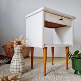 Vintage bedside table with tapered legs - white