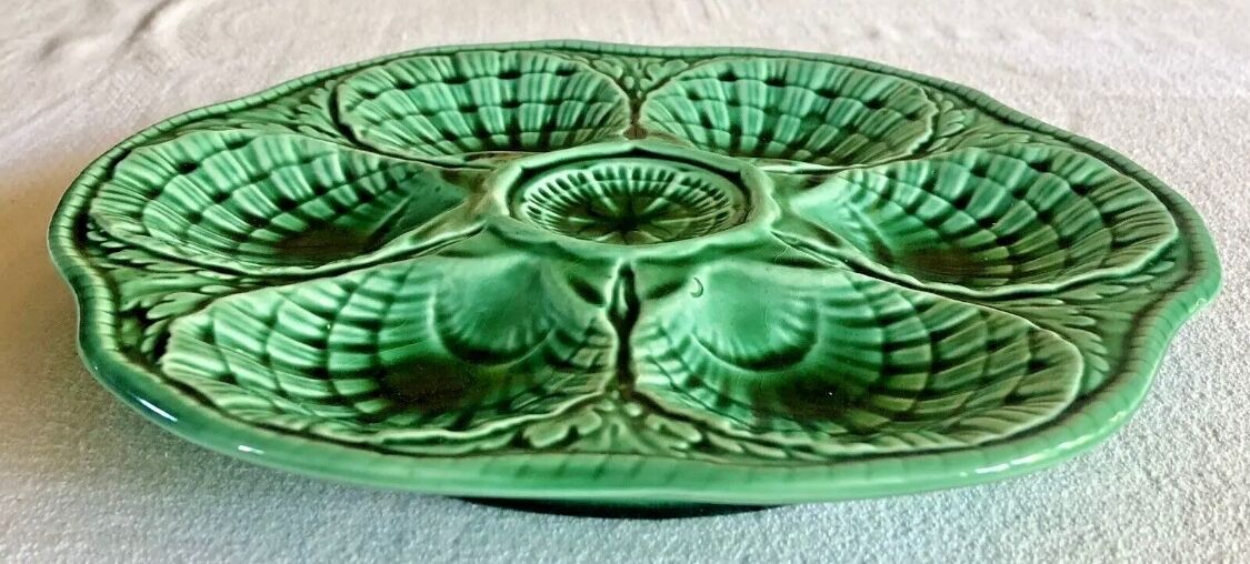 7 old oyster plates Sarreguemines green slurry