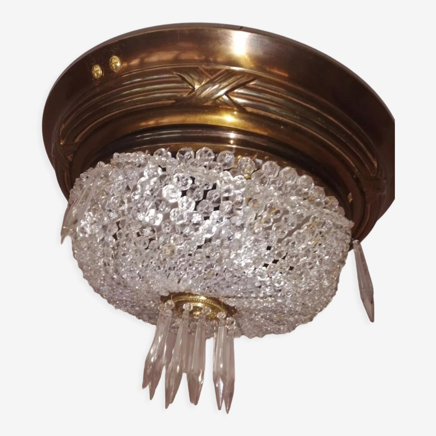 Plafonnier corbeille en bronze et cristal | Selency