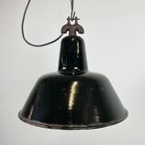 Industrial black enamel factory lamp with cast iron top, 1950s