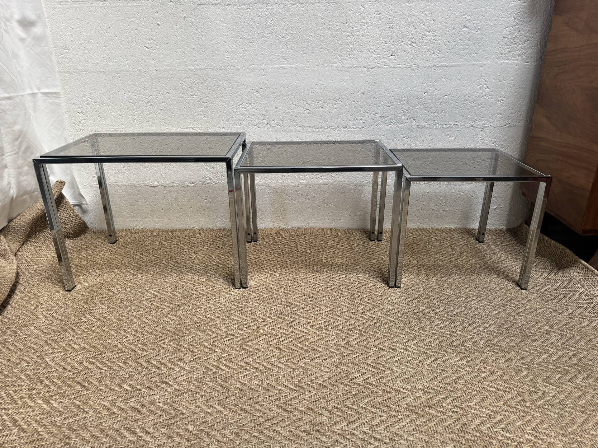 Set of 3 vintage nesting tables – Chrome metal & smoked glass
