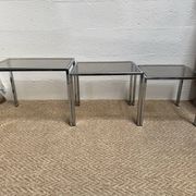 Set of 3 vintage nesting tables – Chrome metal & smoked glass