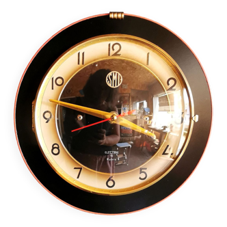 Horloge formica vintage pendule murale silencieuse ronde "SMI noir orange"