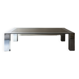 Table basse en métal brossé et verre fumé, design 1970