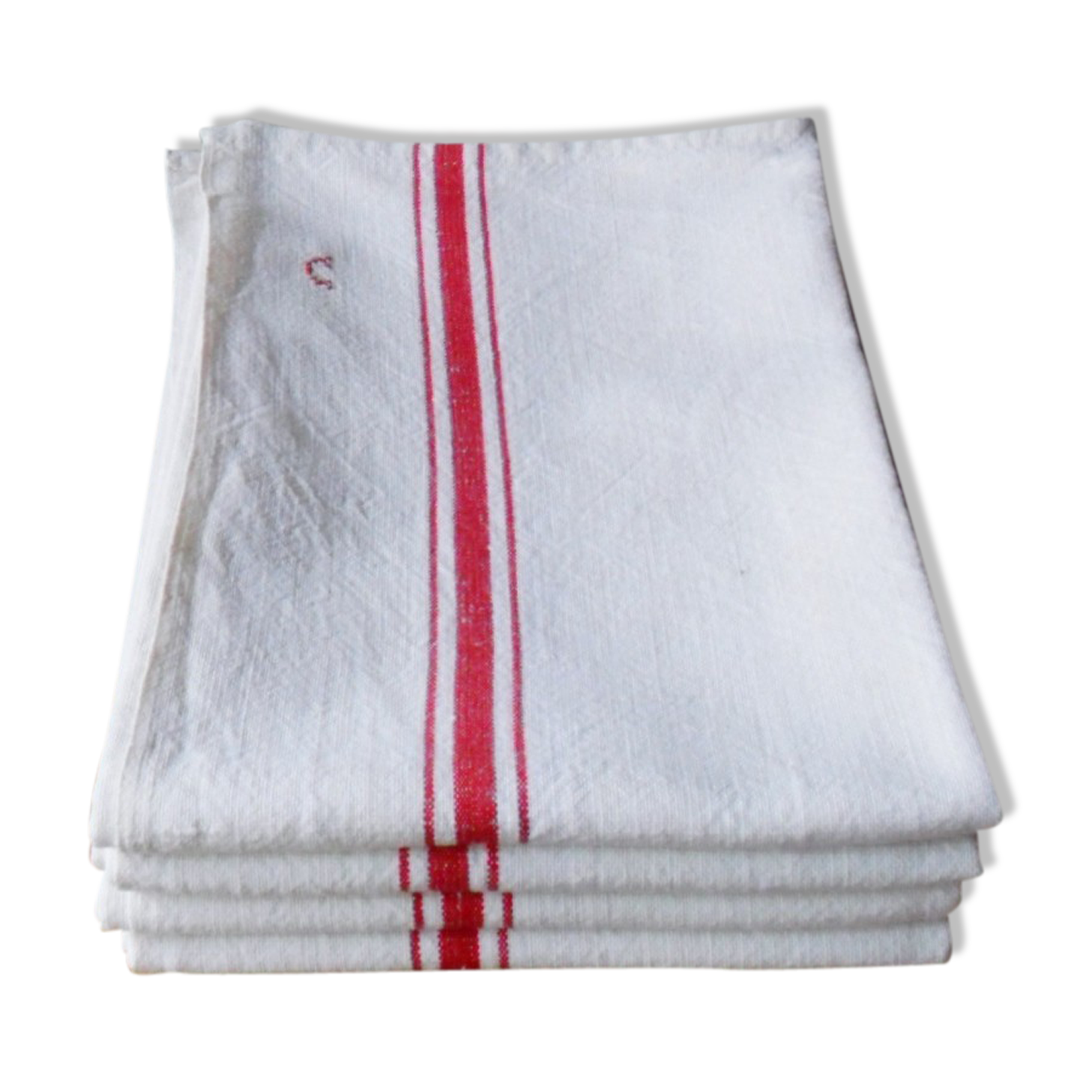 Set of 4 old embroidered tea towels in linen, monogrammed c