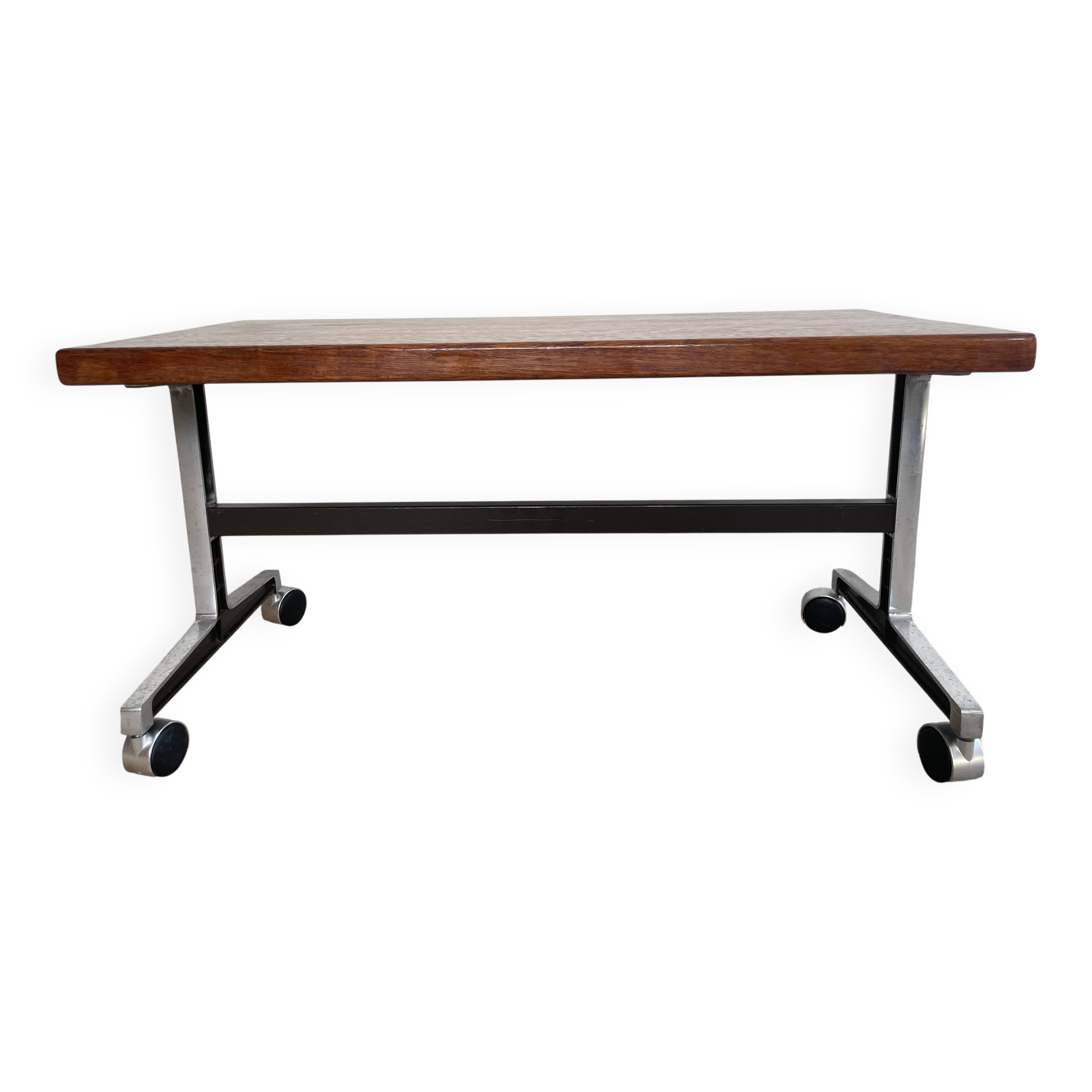Wooden side table with chrome frame on wheels