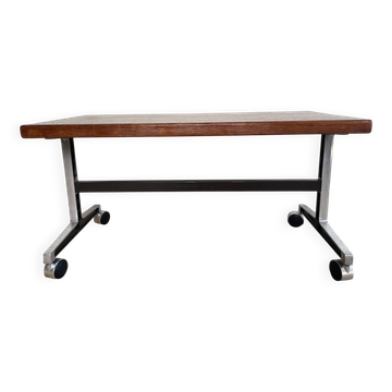 Wooden side table with chrome frame on wheels