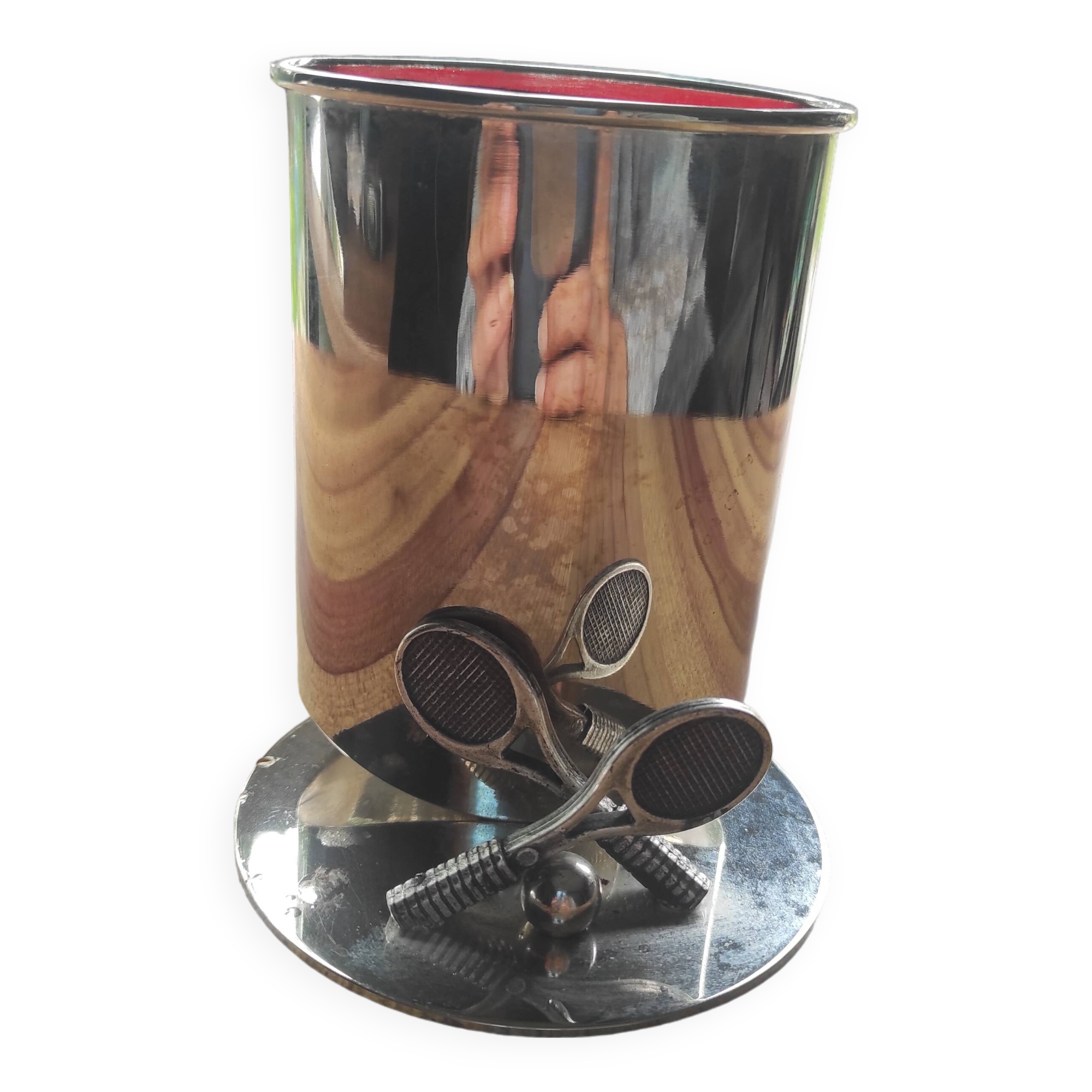 Vintage silver metal pencil holder decorated with tennis rackets