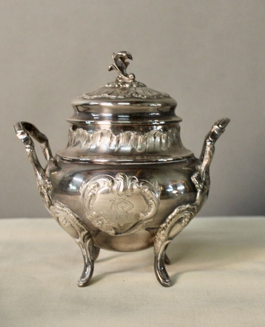 Coffee or tea service monogrammed cr silver metal