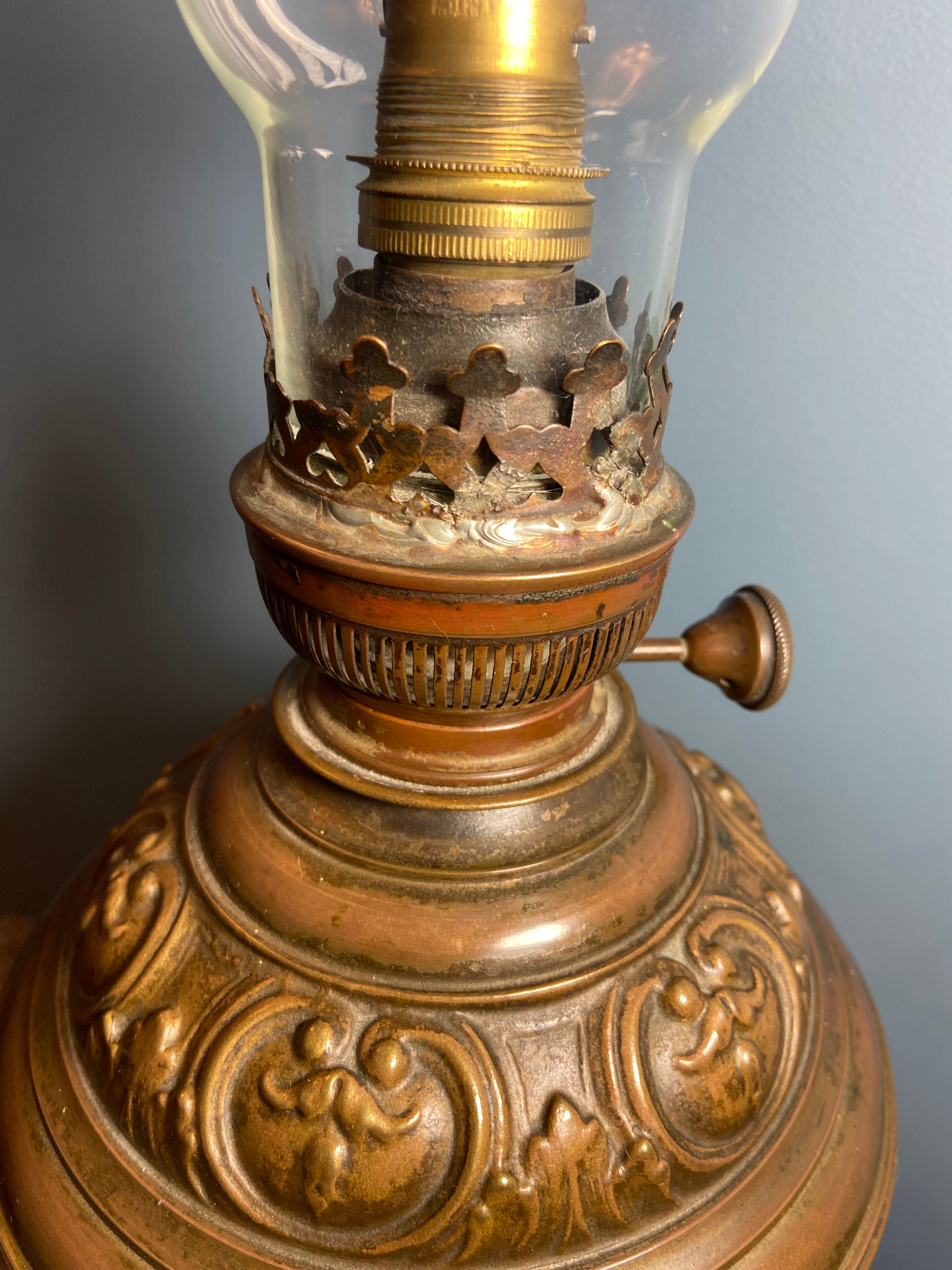 Nineteenth electrified brass kerosene lamp