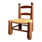 Chaise basse brutaliste en bois foncé et paille n°3
