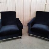 Pair of navy blue velvet club armchairs