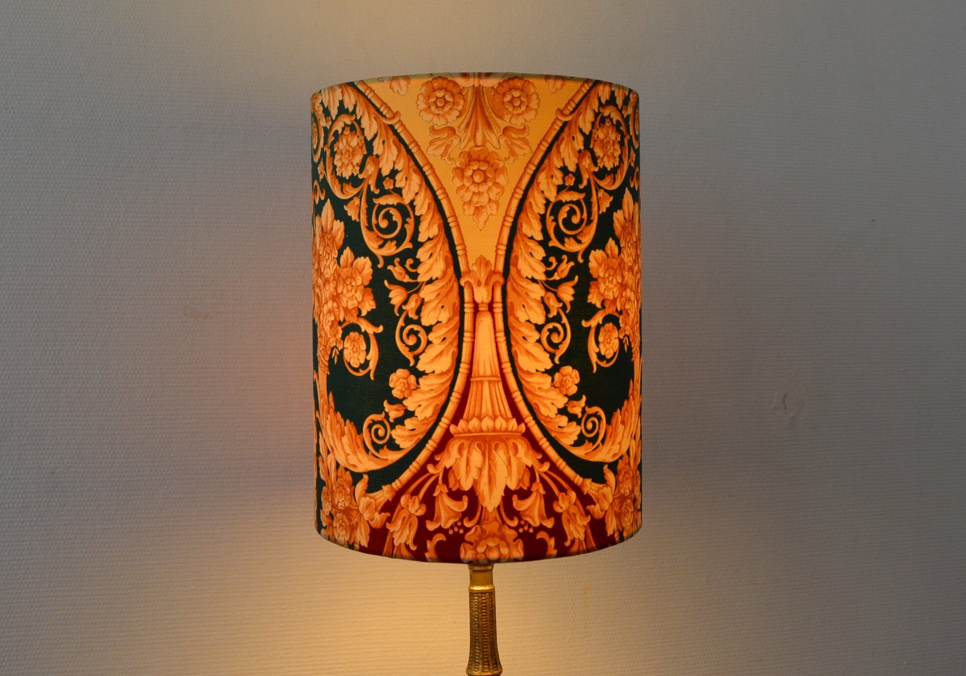 Fabric lampshade with baroque pattern, antique gold leaf design.
