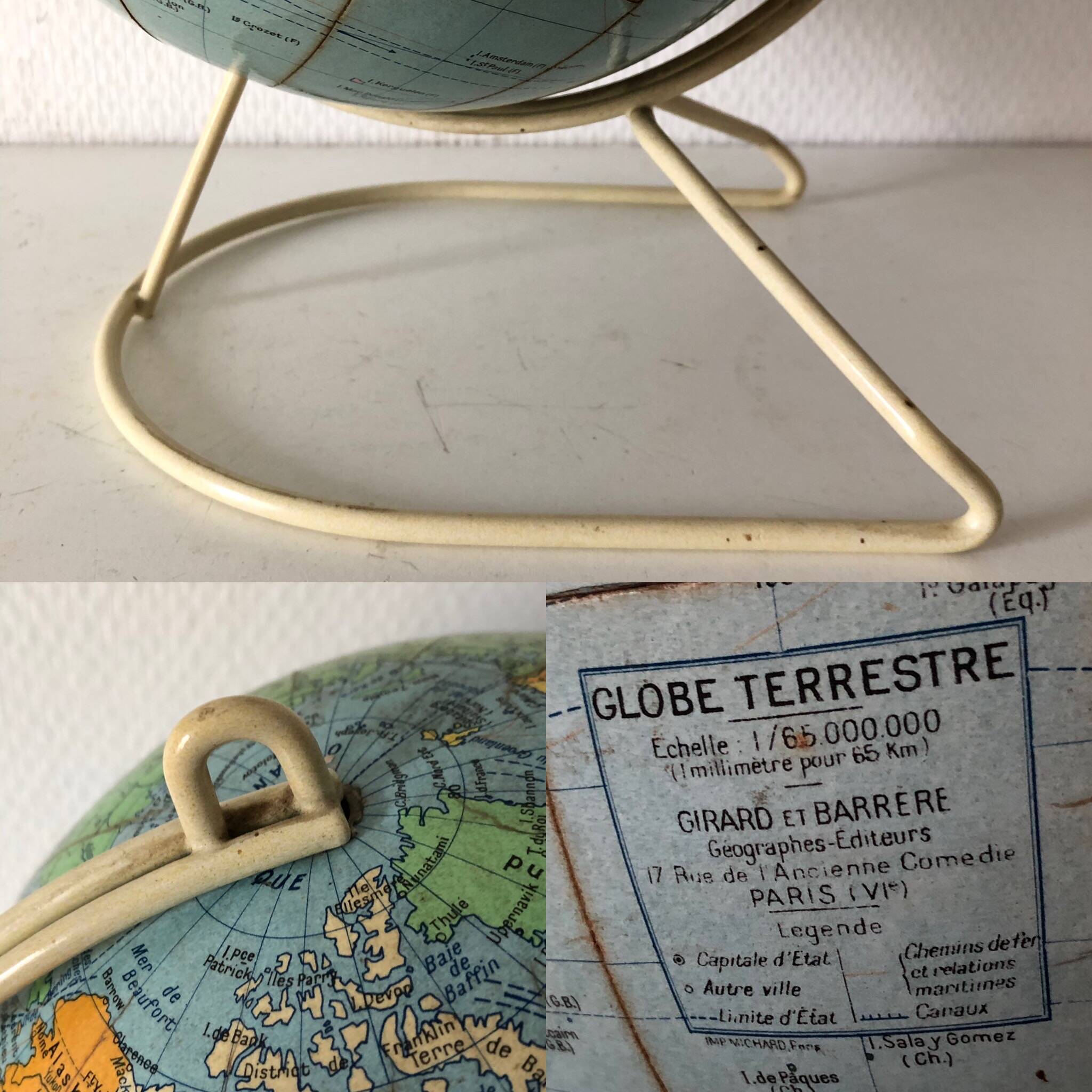 Globe terrestre vintage 1960 Girard Barrère crème - 26 cm