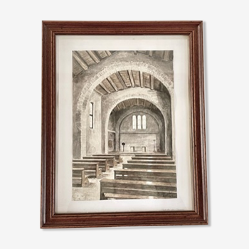 Old watercolor painting interior chapel on paper