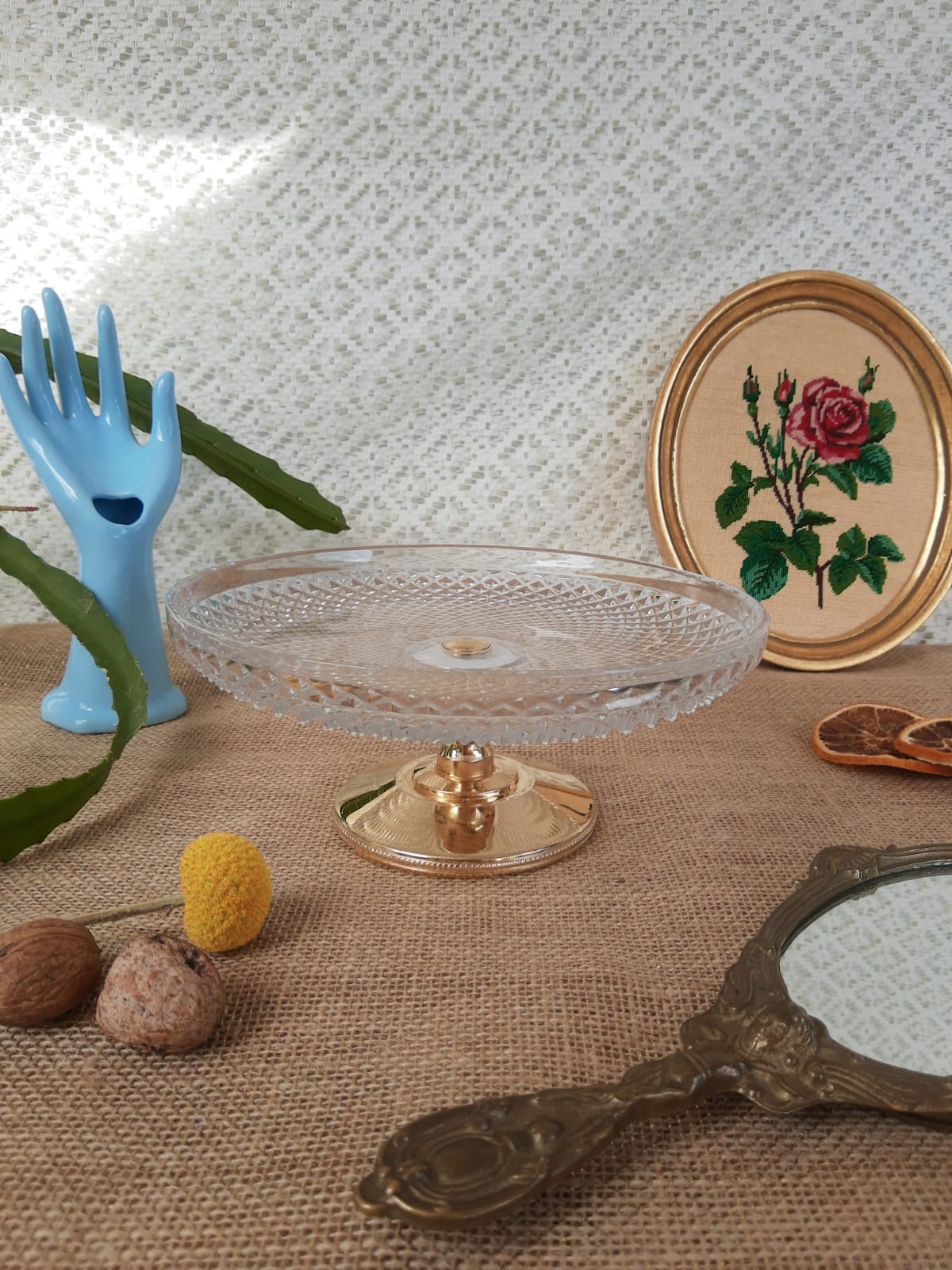 Glass and gold metal cake display - vintage