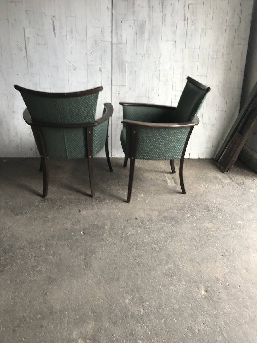 Pair of mid-century armchairs in wood and green fabric, 1960s, vintage style.