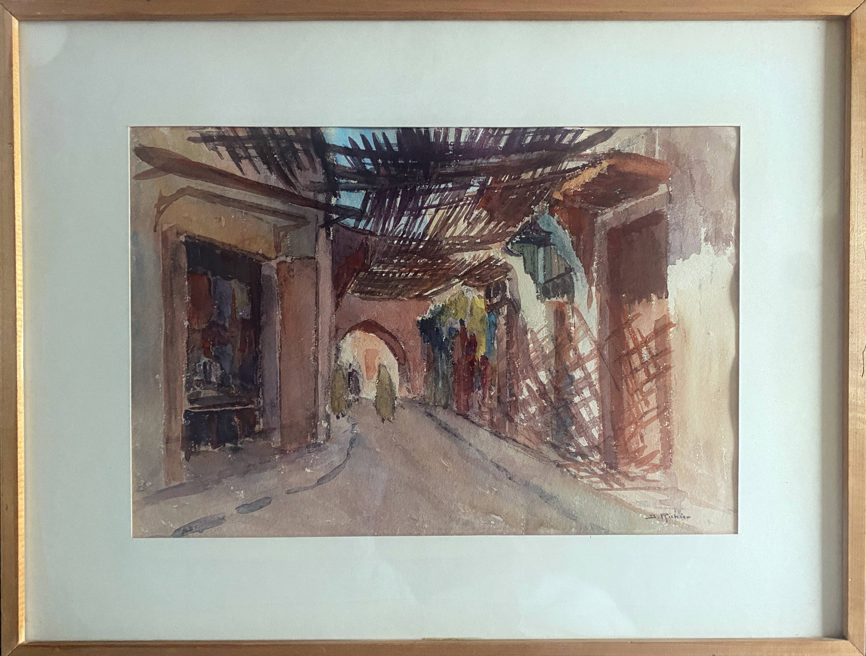 Watercolor painting "Ruelle de la Medina" Orientalist Morocco by Denise Richier