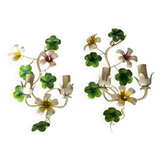 Pair of vintage painted sheet metal wall lights with flowers and foliage decor