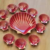 Proceram Aubagne service in red and gilded ceramic shell St Jacques 1950