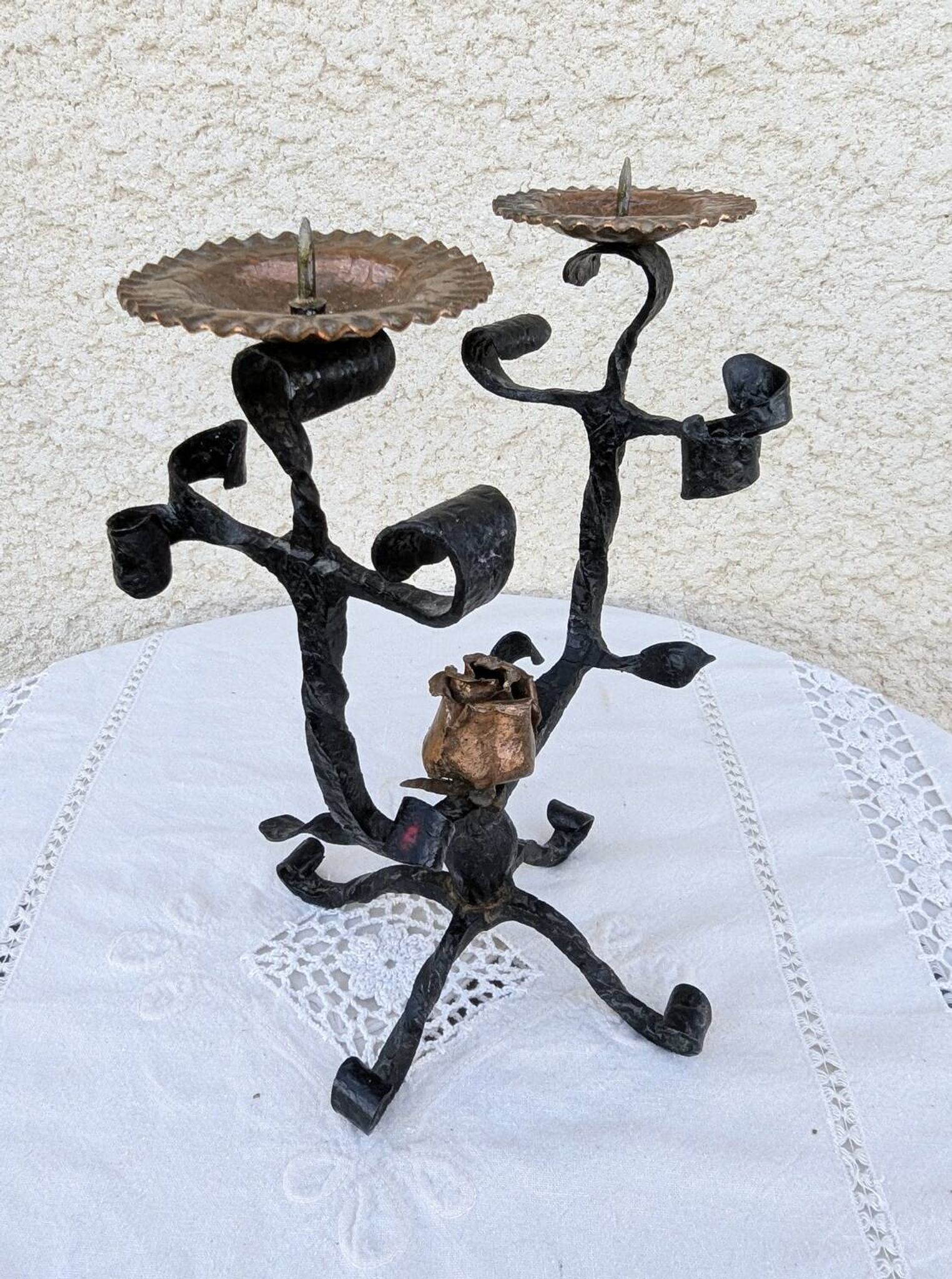 Brutalist Antique Wrought Iron Chandelier Floral Naturalist Candle Holder