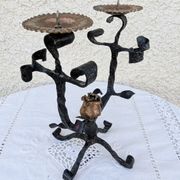 Brutalist Antique Wrought Iron Chandelier Floral Naturalist Candle Holder
