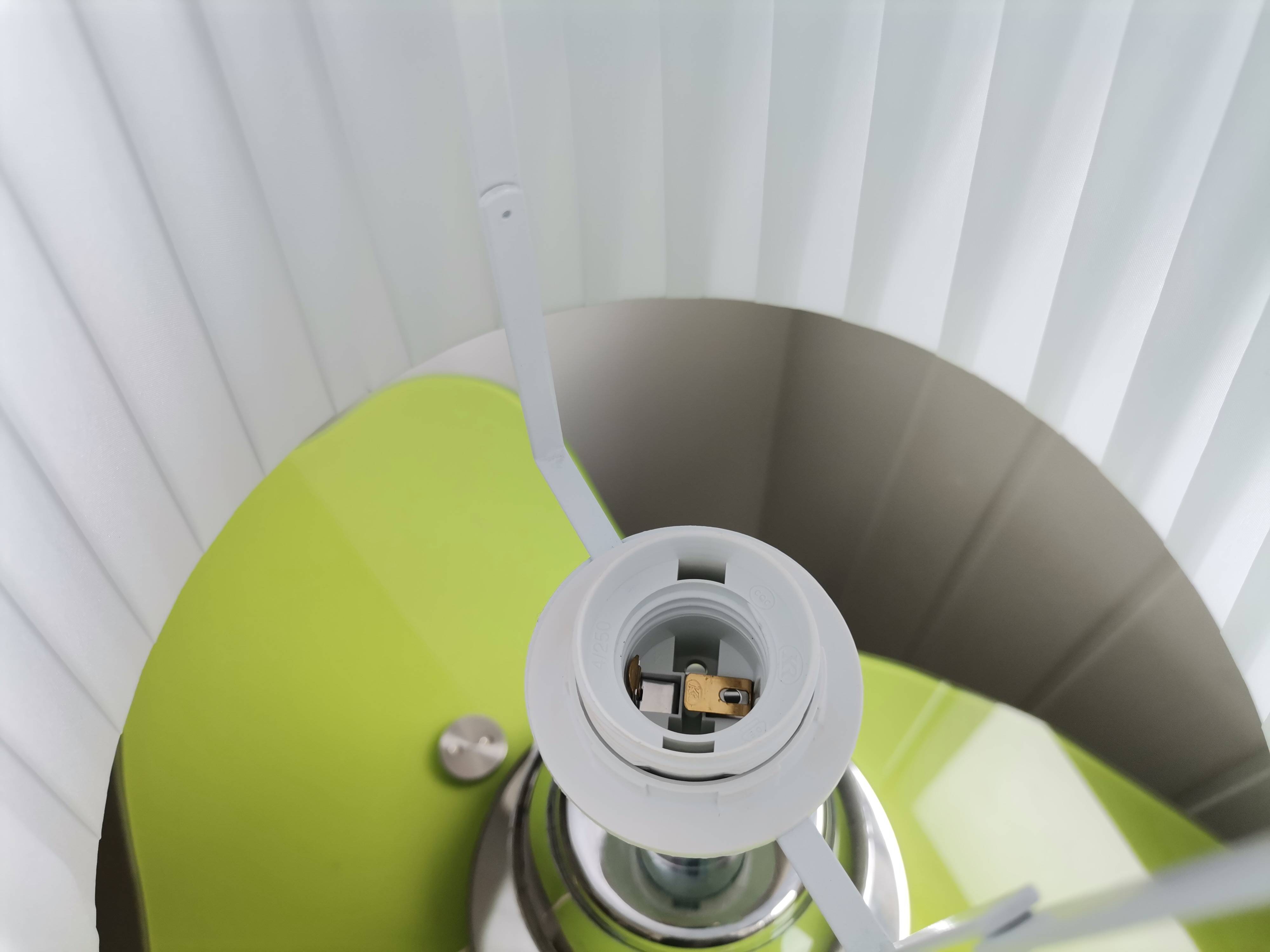 Mid Century Modern chromed table lamp with white pleated shade