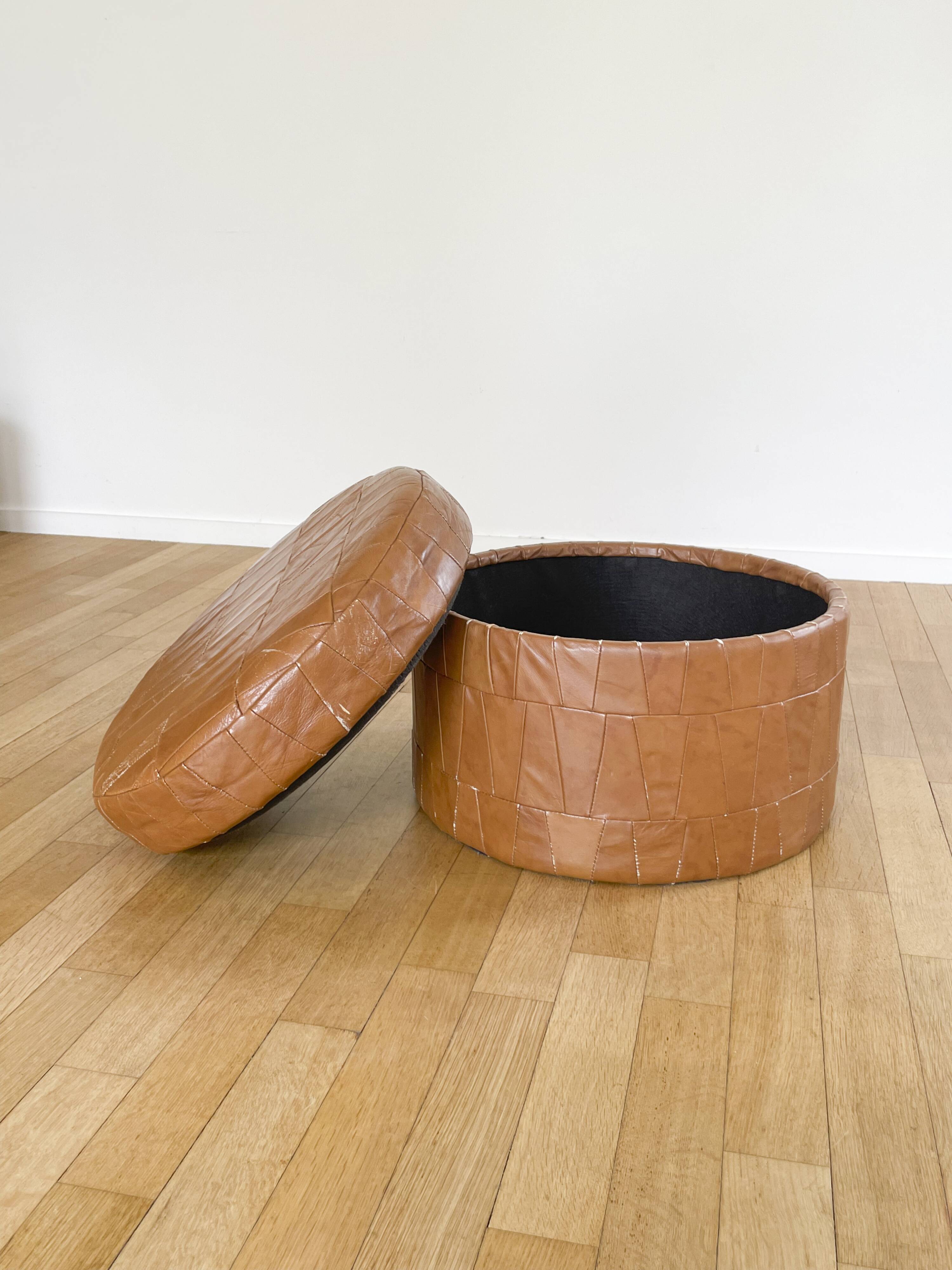 Pouf coffre patchwork cuir cognac