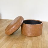 Pouf coffre patchwork cuir cognac