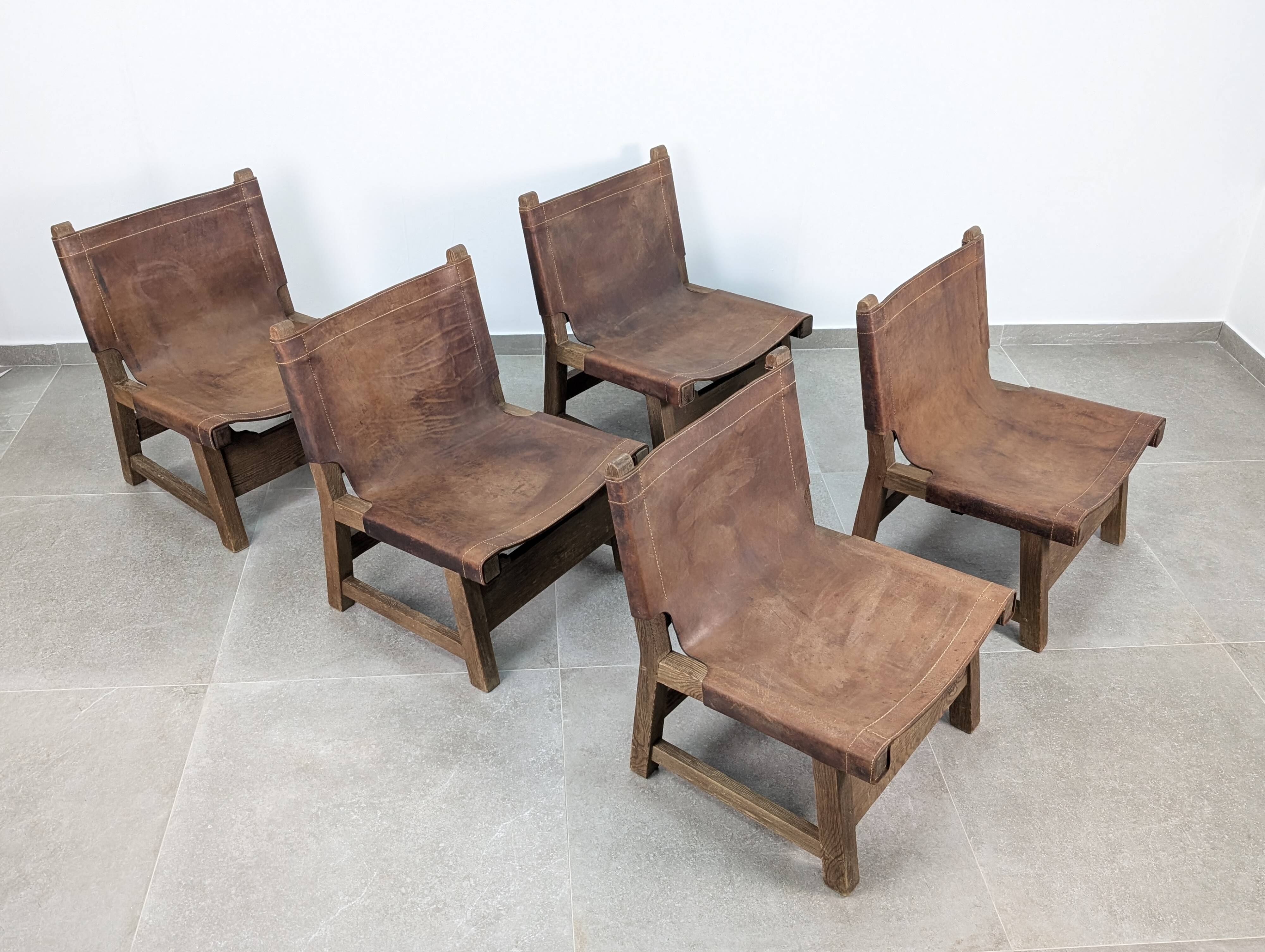 Set of 5 Spanish Leather and Oak Chairs