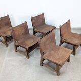 Set of 5 Spanish Leather and Oak Chairs