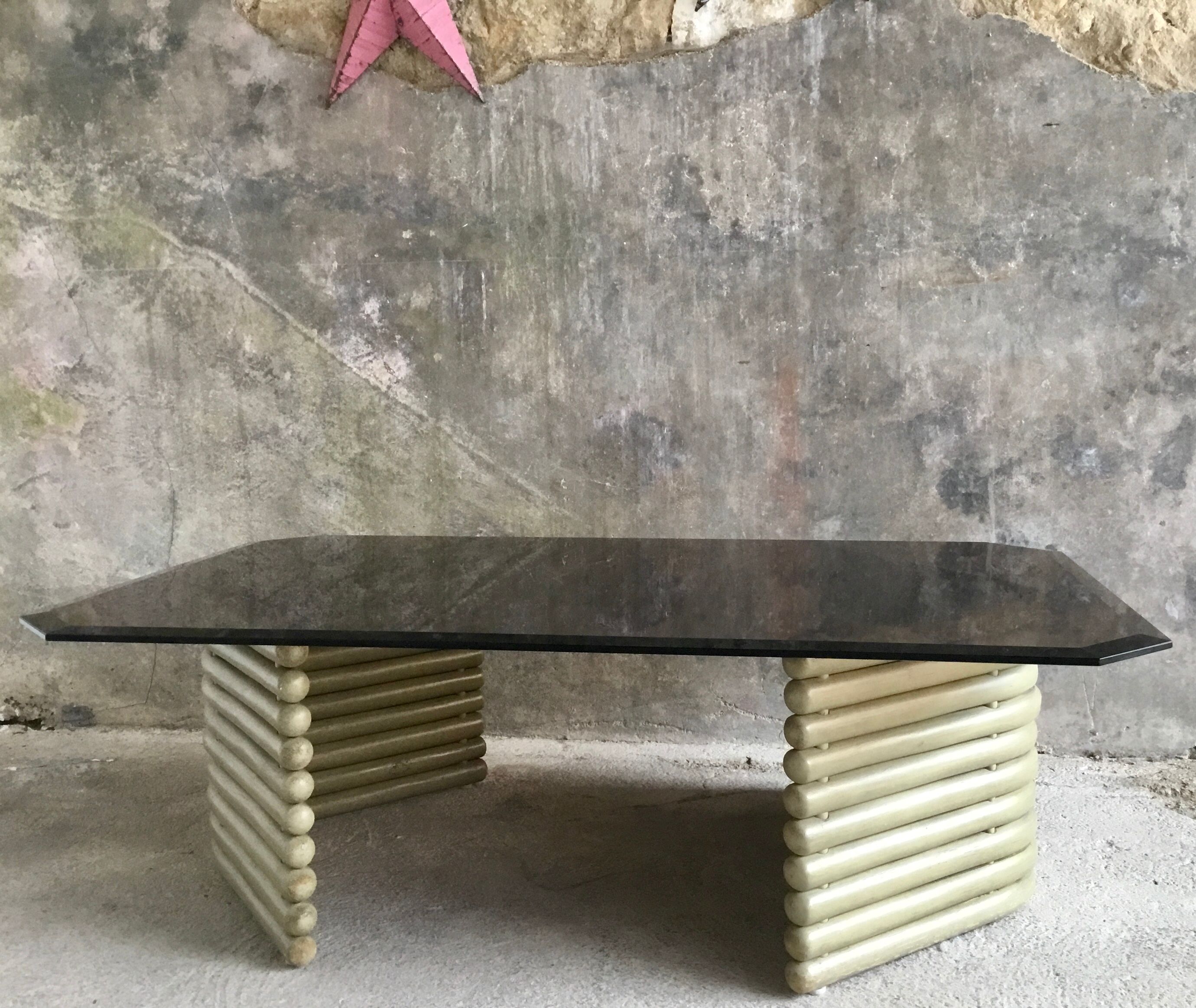 Coffee table smoked glass and wood Flecht workshop, Schütz, made in W Germany
