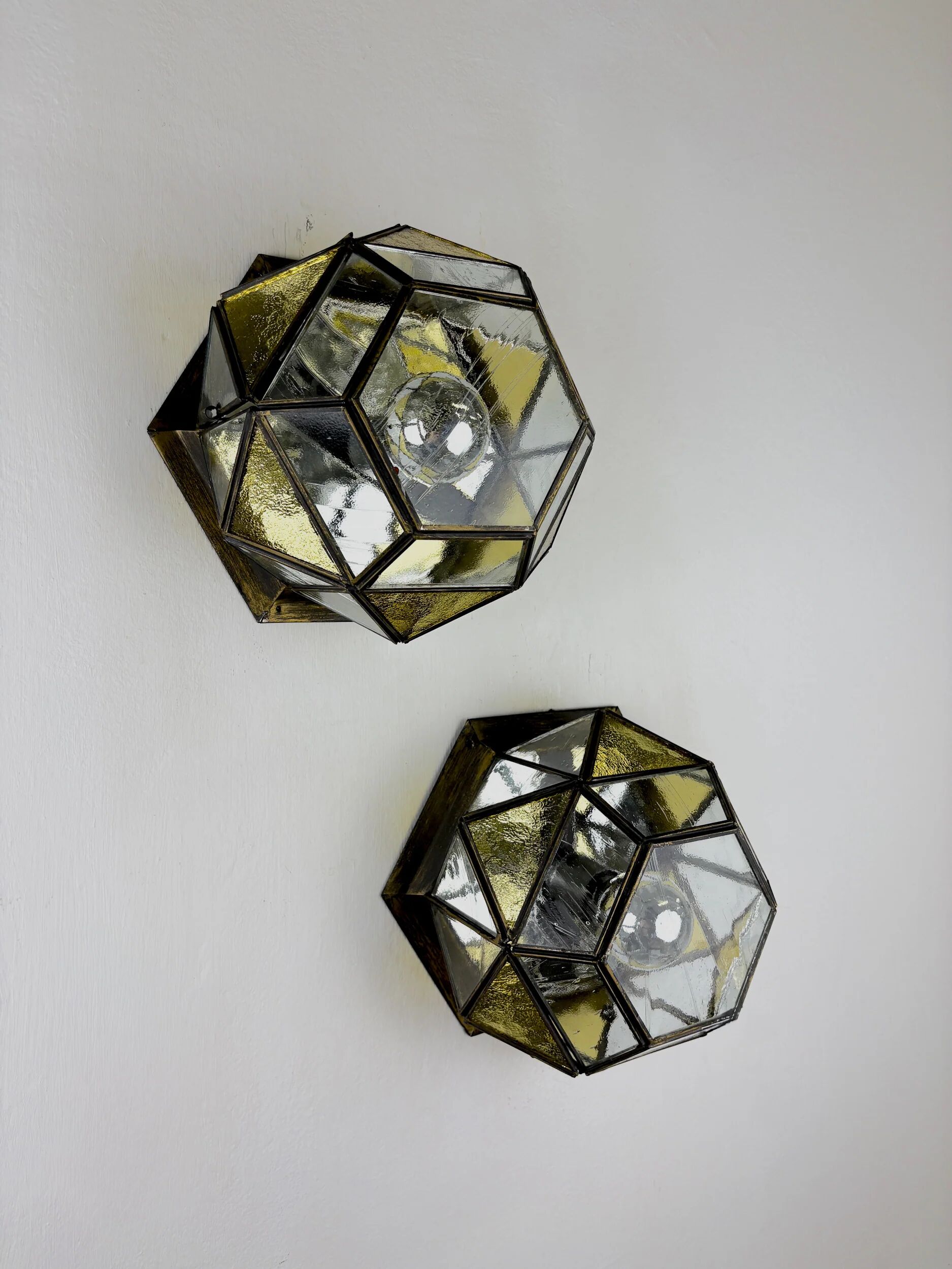 Pair of mid-century cubist blown glass ceiling lights, Germany, 1960s
