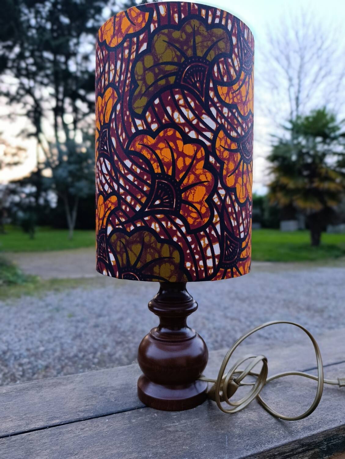 rustic chic turned wooden lamp, ethnic African wax lampshade