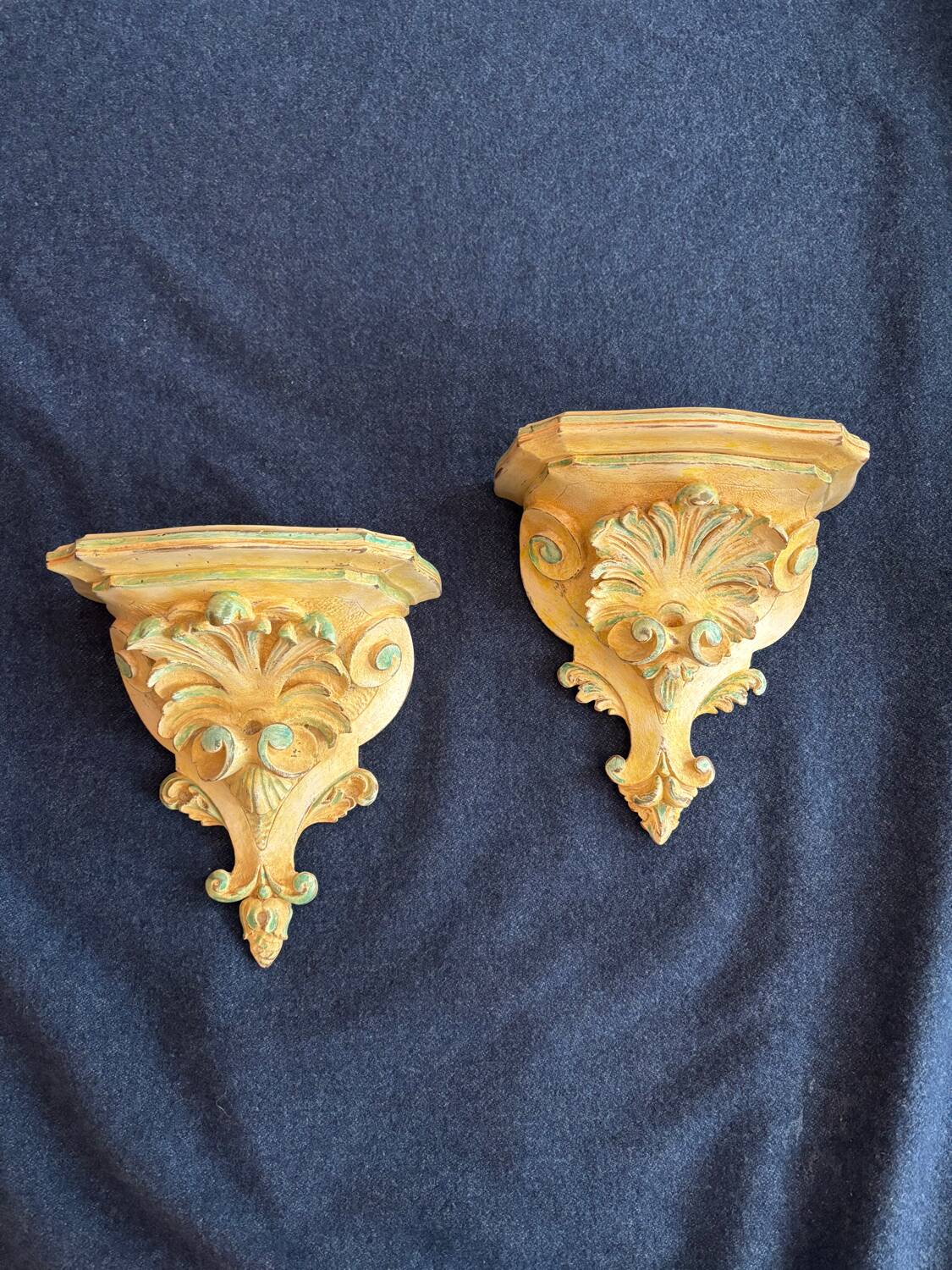 Small wooden consoles, green and beige