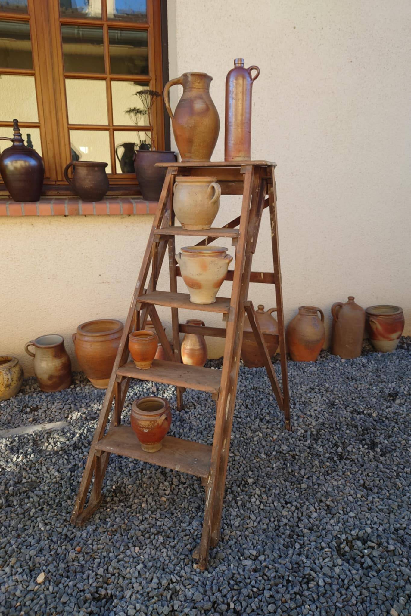 Antique wooden carpenter's stepladder, traces of paint, treated, 110 cm