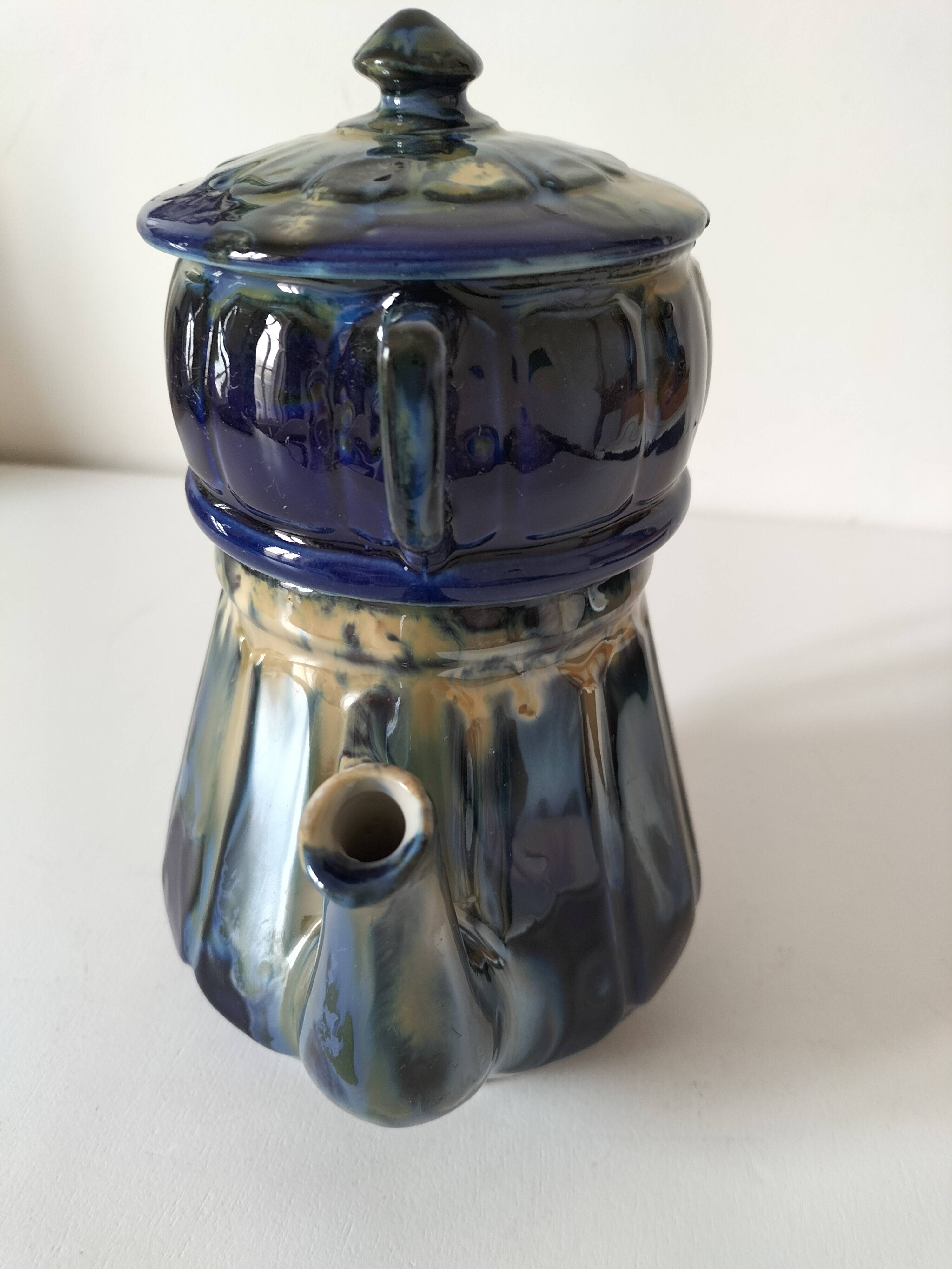 Midnight blue and flamed beige enameled ceramic filter coffee maker