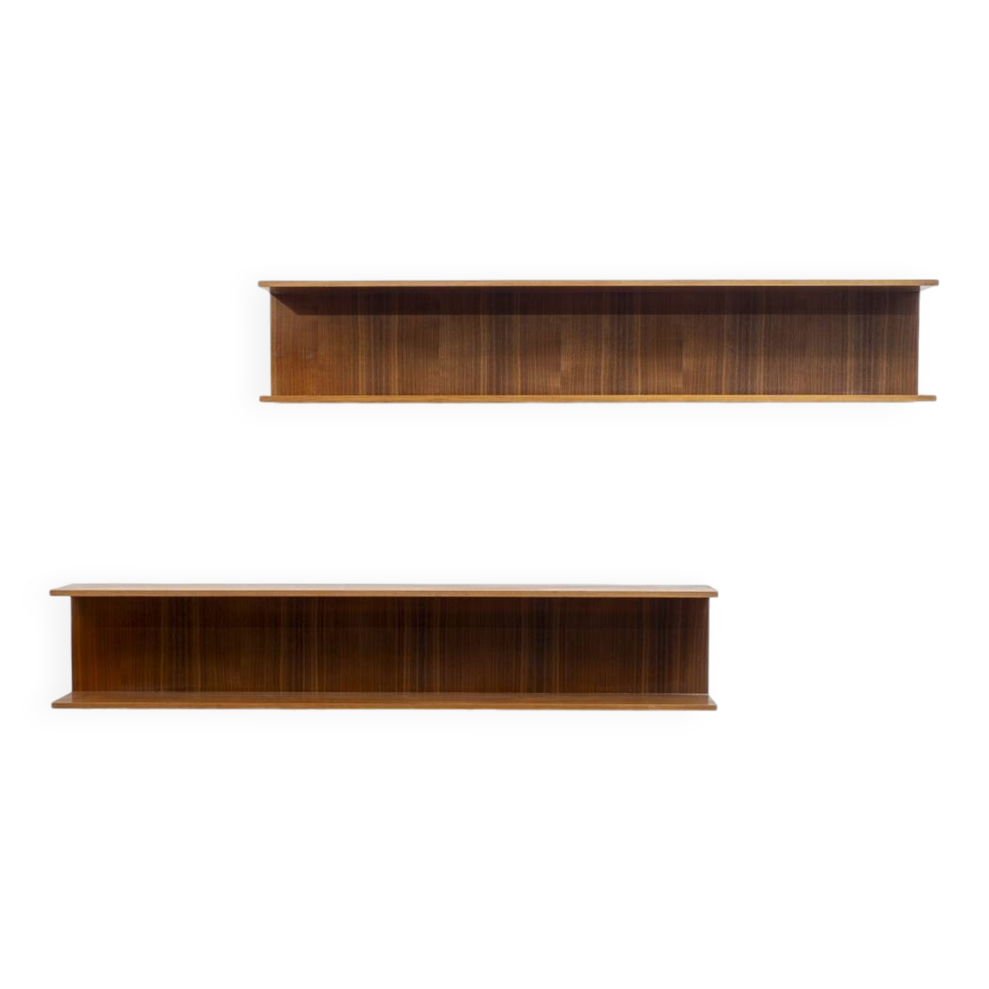 Two minimalist 60s wall shelves in walnut