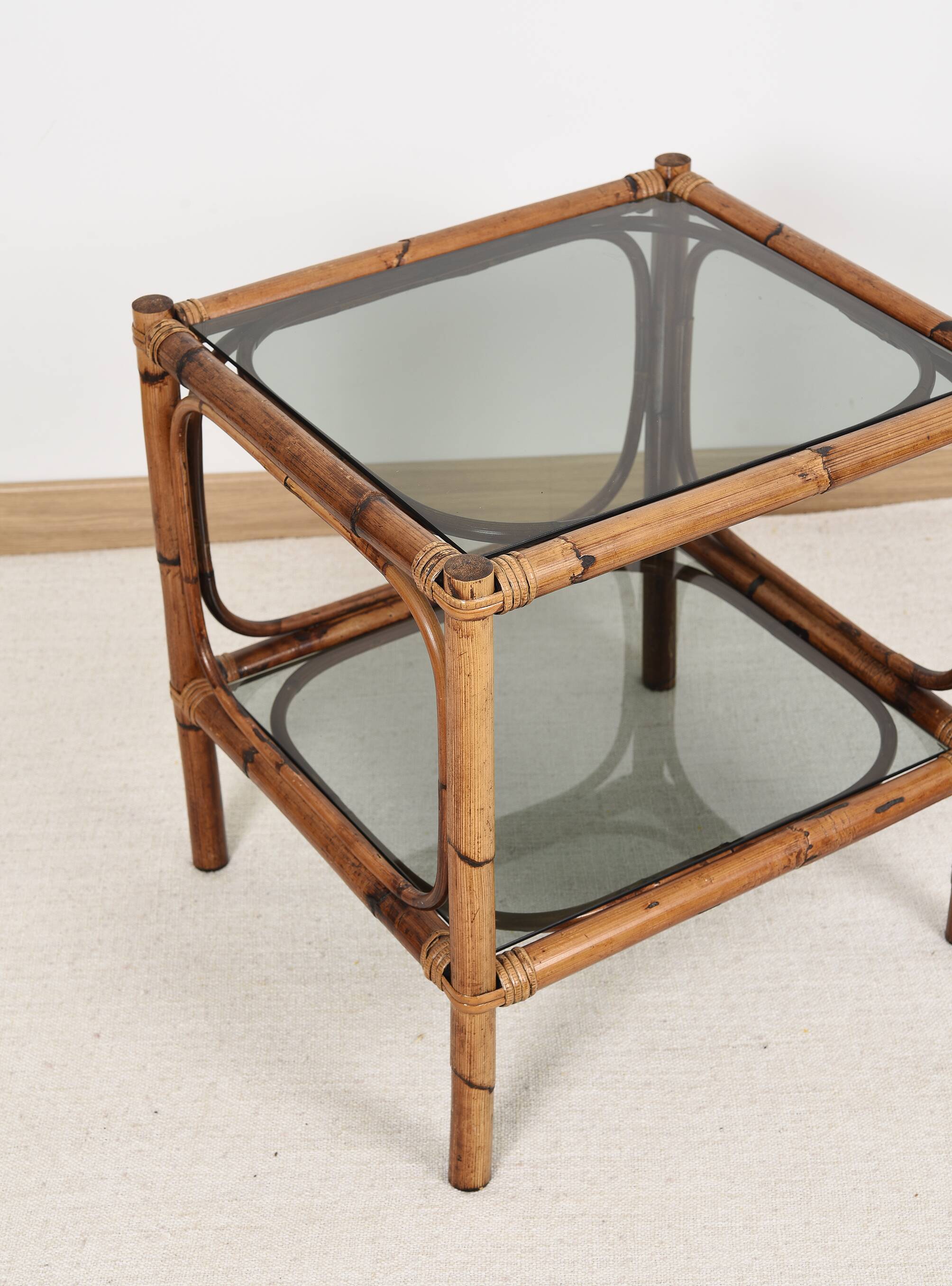Bedside table or coffee table in bamboo and smoked glass, double top, 70s
